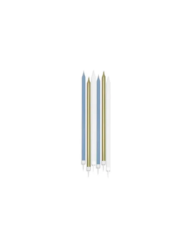 Candeline Di Compleanno In Cera Mezzo Stelo Oro Bianco Celeste 12pz.