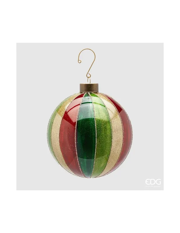 Pallina Albero Di Natale A Righe Con Glitter Oro 12cm