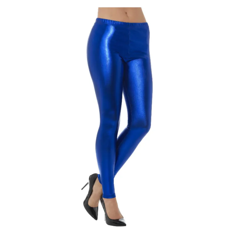 LEGGINGS METALLICI BLU DISCO ANNI 80 TAGLIA L DA DONNA