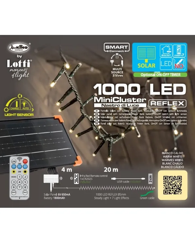 Catena Solare 20m Nastro MiniCluster Ø6cm SCP NTL 1000 LED BIANCO