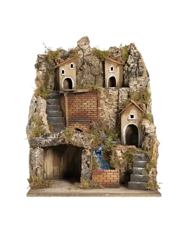Presepe cascata e cucina 44x50x58 cm per pastori 10 cm