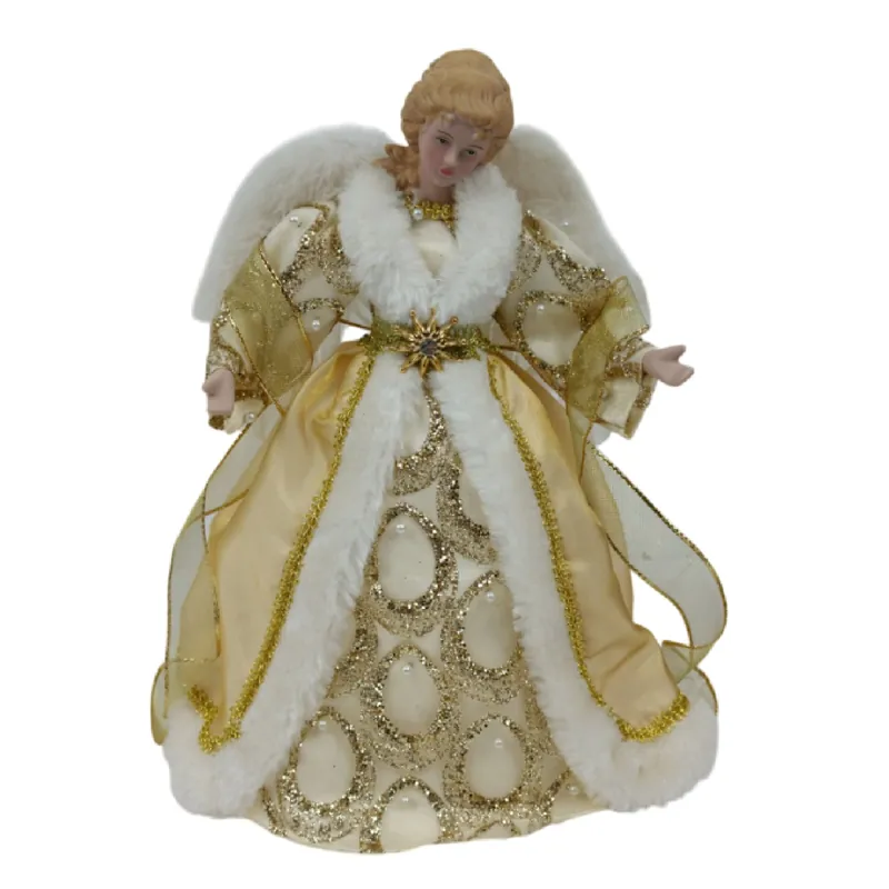 Puntale per albero di natale angelo con abito in oro e bianco, h 31 cm
